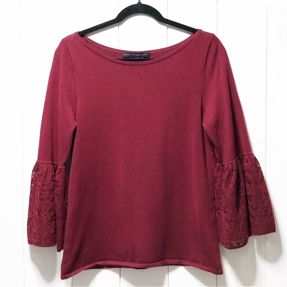 WHITE HOUSE BLACK MARKET Burgundy Lace Bell Sleeve Sweater Size Medium - Picture 3 of 13